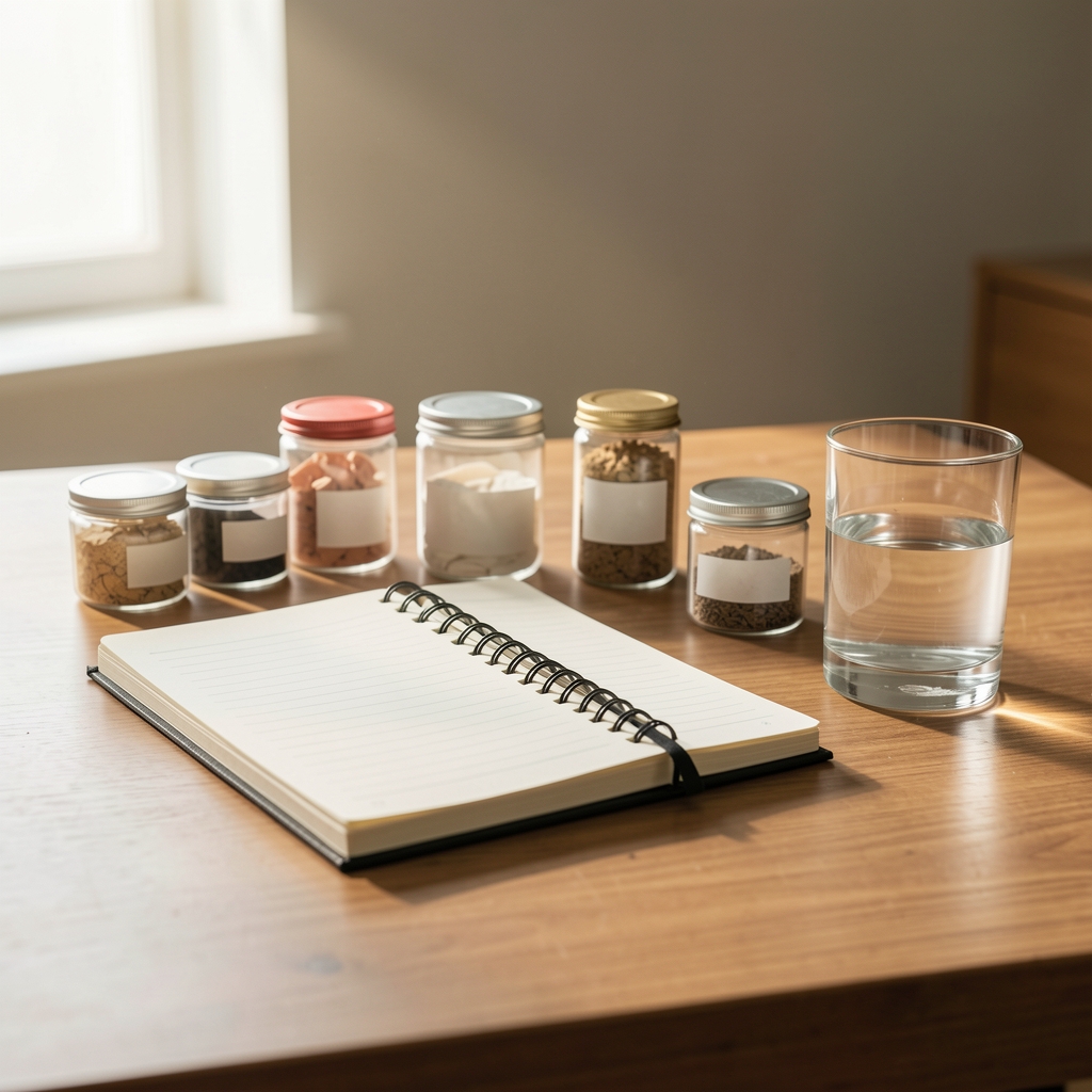 Editorial studio desk with a notebook, supplement containers, and a glass of water, soft morning light composition